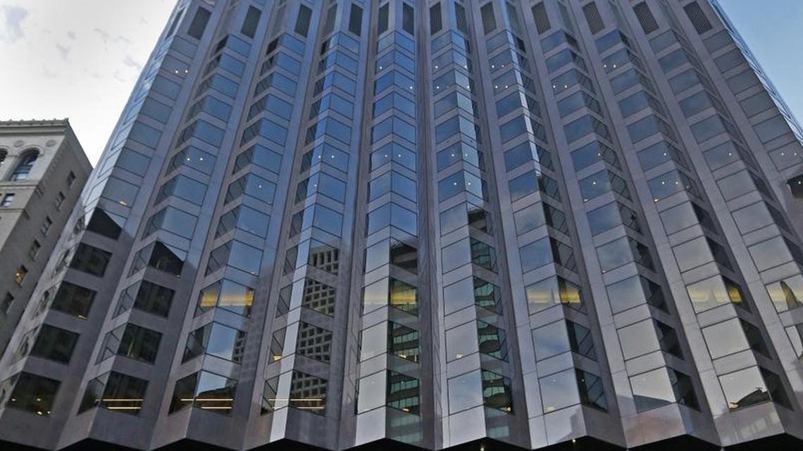 Protesters in San Francisco rally at 555 California St., a partially Trump-owned building.