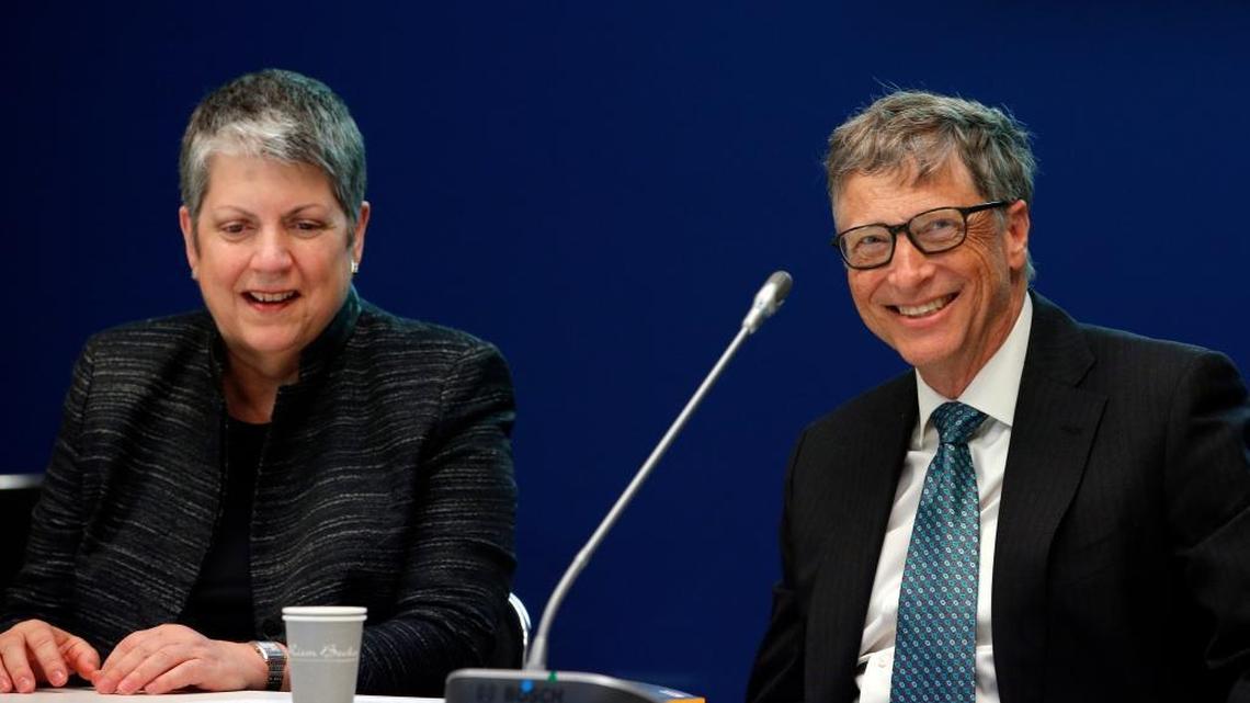 Microsoft co-founder Bill Gates and Janet Napolitano, president of the University of California, announce UC’s involvement in a new clean-energy venture fund Monday at the world climate conference.