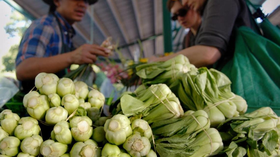 Bok choy is for sale at the Davis Farmers Market, where a pilot nutrition incentive project has increased sales to CalFresh recipients by up to 293 percent.
