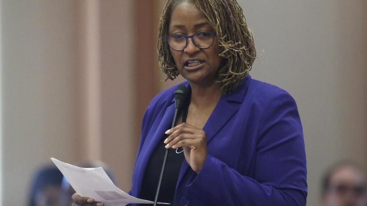 California state Sen. Holly Mitchell, D-Los Angeles, addresses the Senate. As part of a budget deal reached last week with Democratic legislative leaders, Gov. Jerry Brown has agreed to repeal the two-decade old decision to limit welfare benefits for families that conceive additional children while receiving state aid. Mitchell has led the legislative effort to overturn the so-called maximum family grant.