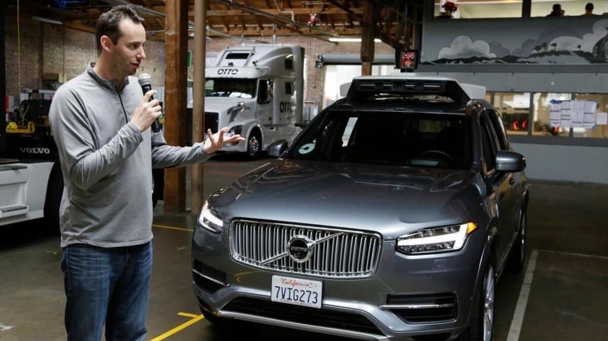 Anthony Levandowski, head of Uber’s self-driving program, speaks about the company’s driverless car in San Francisco. The ride-hailing company is balking at the Department of Motor Vehicles’ insistence that it meet permitting requirements by paying a $150 fee and filling out a four-page application.