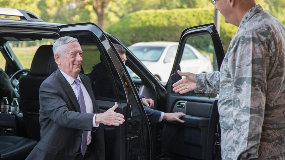 Secretary of Defense Jim Mattis, left, is welcomed at Offutt Air Force Base in Bellevue, Neb., on Sept. 14 by Gen. John E. Hyten, the head of Strategic Command, who would be in command of nuclear forces if President Donald Trump orders a strike on North Korea.