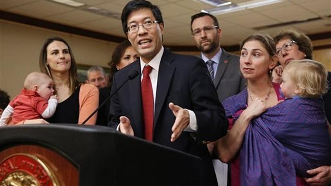 State Sen. Richard Pan, D-Sacramento, center, with co-author Sen. Ben Allen, D-Santa Monica, background, discusses SB 277, which tightened California’s law on school vaccination. (AP Photo/Rich Pedroncelli, File)