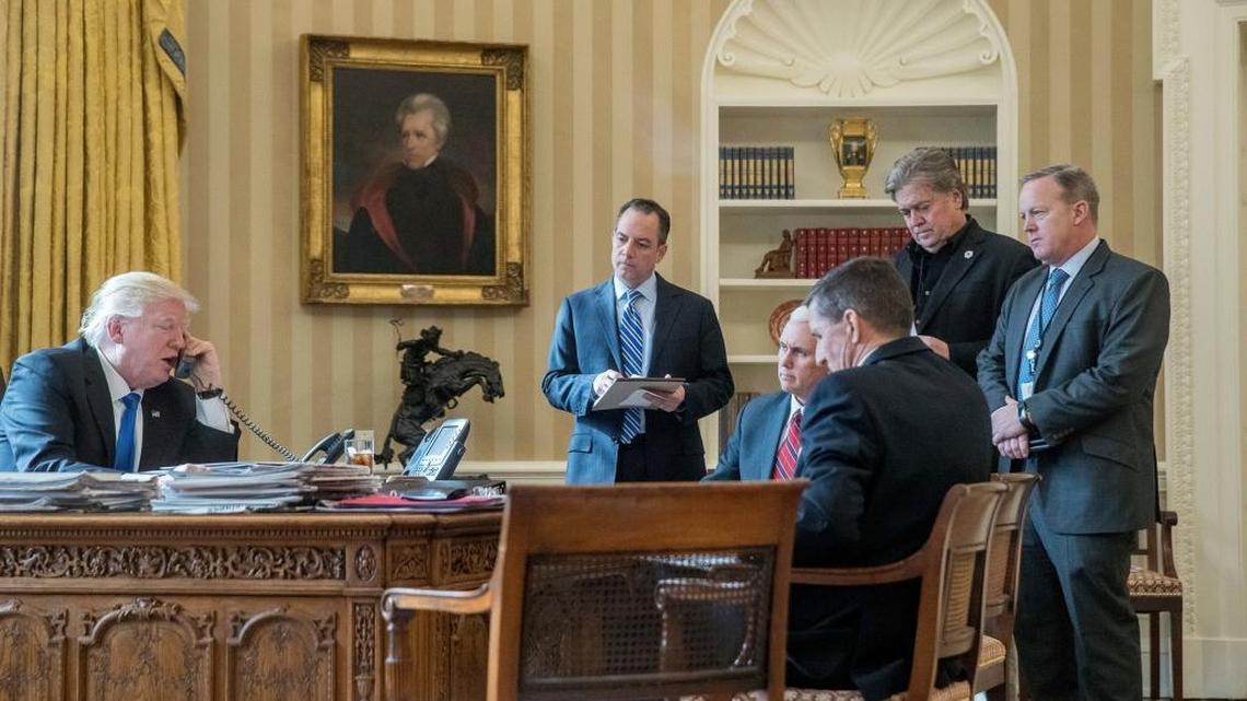 A Jan. 28 photo of President Donald Trump and his inner circle went viral after the dismissal of Steve Bannon. Trump is talking with Russian President Vladimir Putin in the Oval Office with, second from left, Chief of Staff Reince Priebus, Vice President Mike Pence, National Security Adviser Michael Flynn, Senior Advisor Steve Bannon, and White House press secretary Sean Spicer. Only Trump and Pence remain.