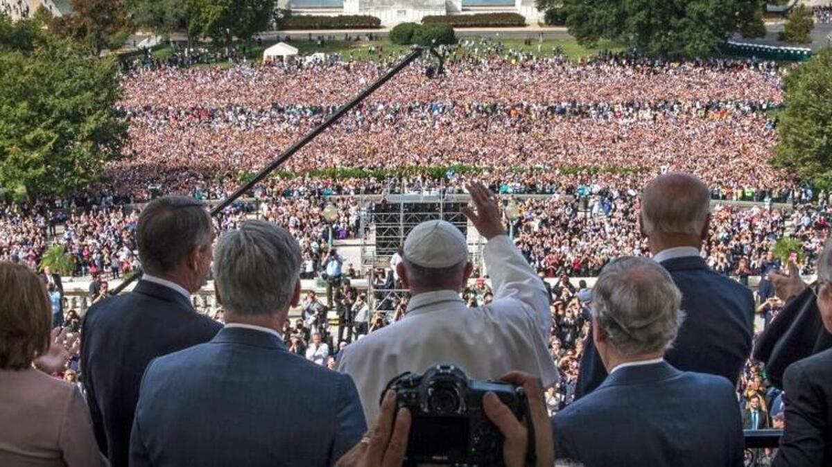 
Pope Francis greets the public with House and Senate leaders Thursday after his speech to Congress. 
