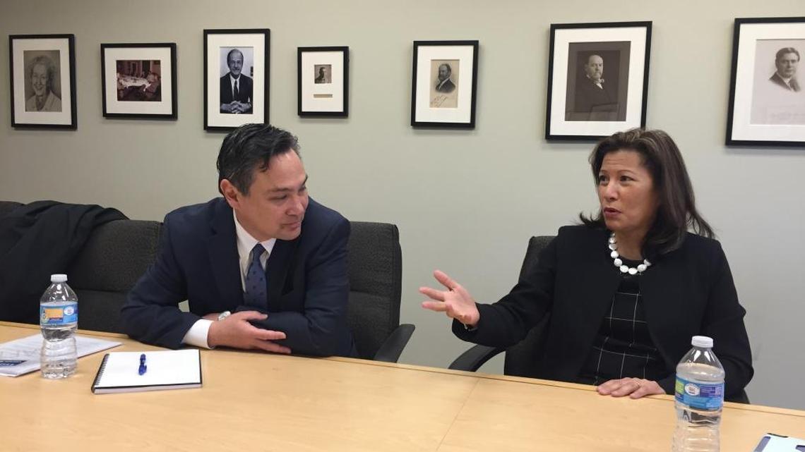 California Supreme Court Chief Justice Tani Cantil-Sakauye, with Martin Honshino, administrative director of the Judicial Council of California, at The Bee’s editorial board in March 2016.