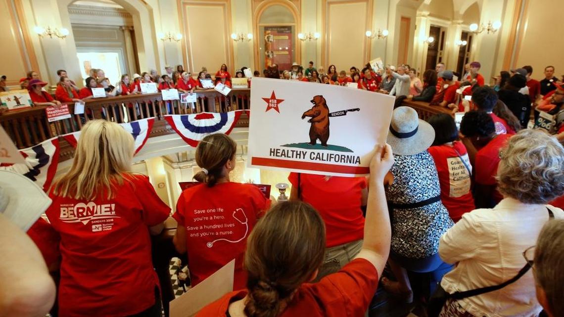 Members of the California Nurses Association demonstrate at the Capitol against Assembly Speaker Anthony Rendon, D-Paramount.