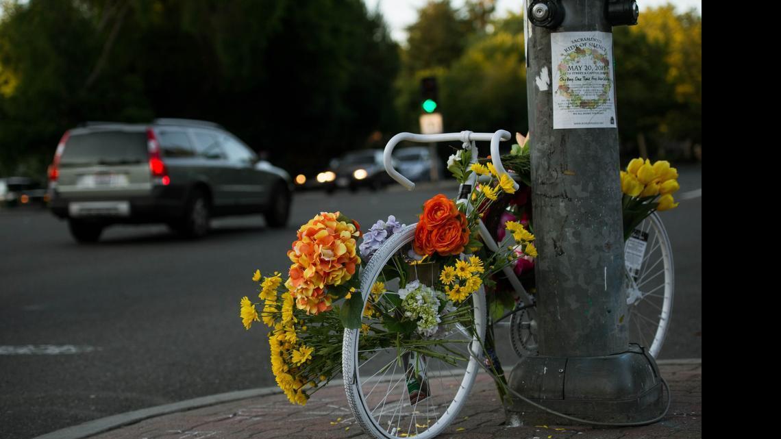 
The annual Ride of Silence in Sacramento attracted more than 100 riders on Wednesday to honor bicyclists killed by motorists in 2014, and to promote share-the-road bicycling safety. Friends of relatives who lost a loved one placed flowers at the “ghost bike" that sits at J and Carlson near Sacramento State University. 
