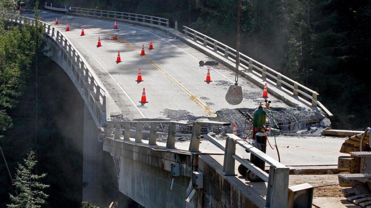 Crews use a 6,000 pound wrecking ball attached to a crane on the demolition of the storm-damaged Pfeiffer Canyon Bridge in Big Sur in March. The crumbling bridge along the California coast has stranded residents in the Big Sur area and closed part of Highway 1. State GOP chairman Jim Brulte accuses the Democrats of funneling state transportation funds to solve a budget deficit when that solution was proposed by the last Republican governor, one letter writer says.