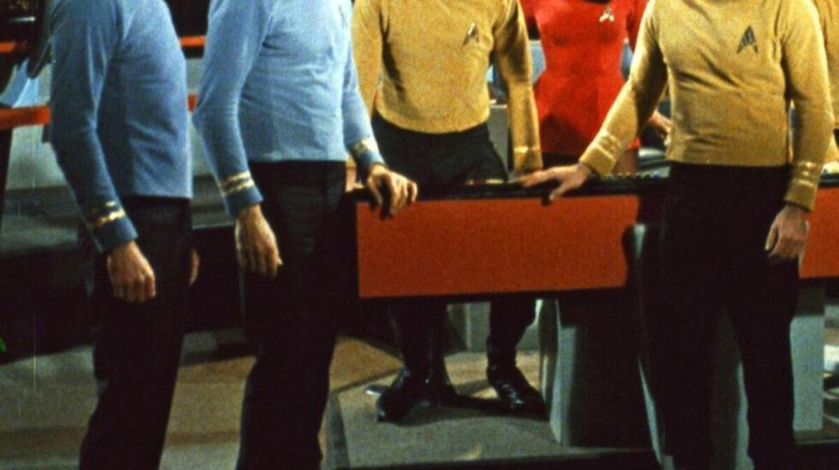 The crew of “Star Trek,” DeForest Kelley, left; Leonard Nimoy, William Shatner, far right, and Nichelle Nichols.