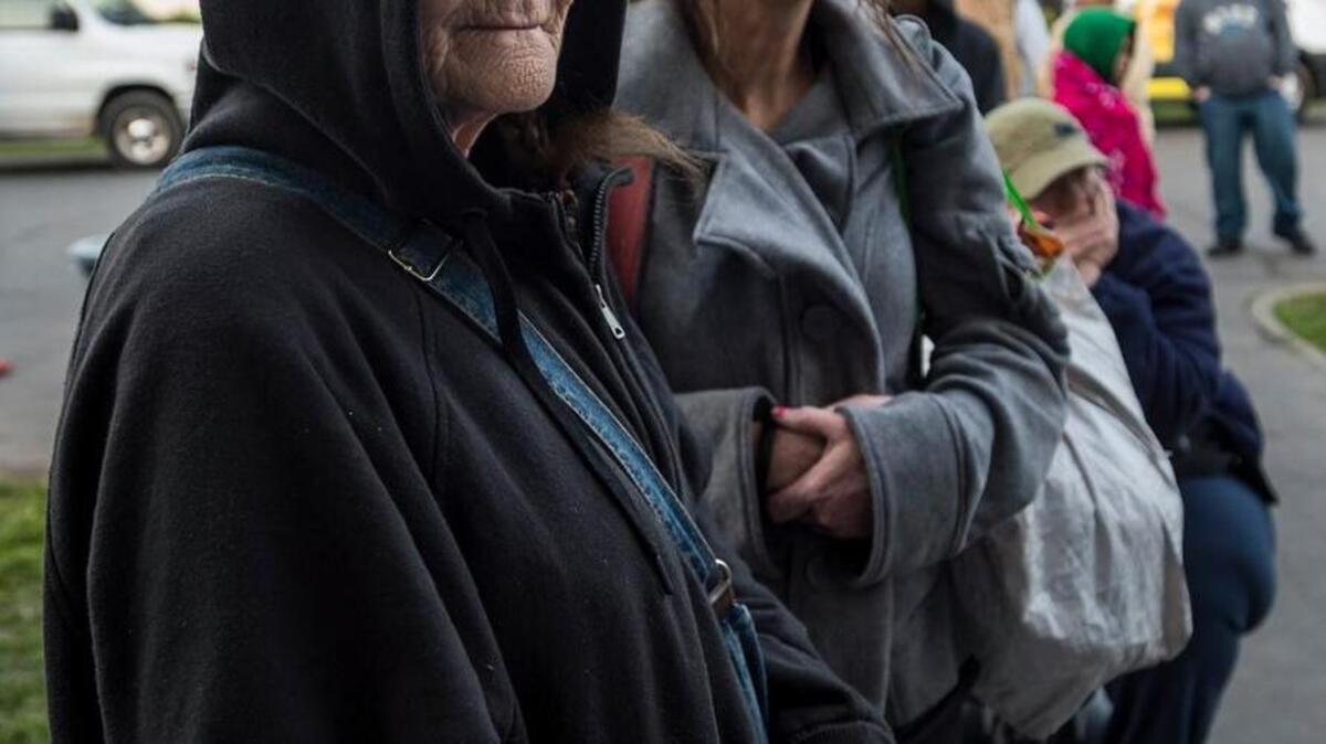 Oroville evacuees wait in line for a hot meal during the recent dam crisis. Unlike most of California, the rural area backed Trump in 2016.