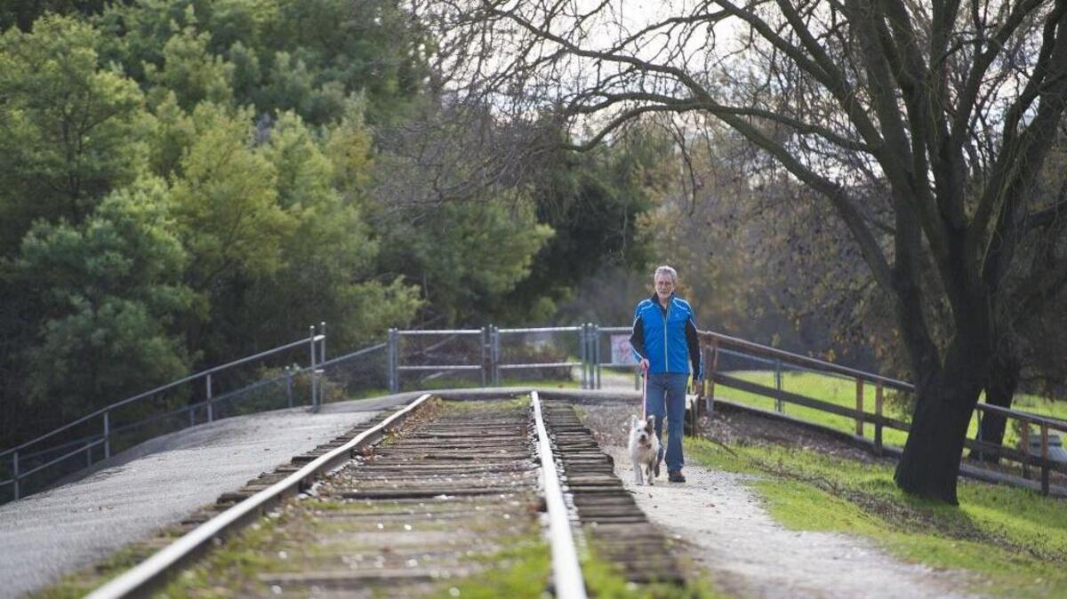 Teven Laxer of South Land Park walks his dog Sadie along an old train rail line that runs through the neighborhood. The proposed Del Rio recreation trail would use the corridor for a 4.5-mile line starting near the zoo and ending near Meadowview Road.