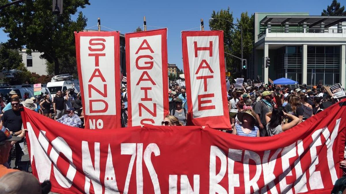 Demonstrators march during a free speech rally last Sunday in Berkeley.