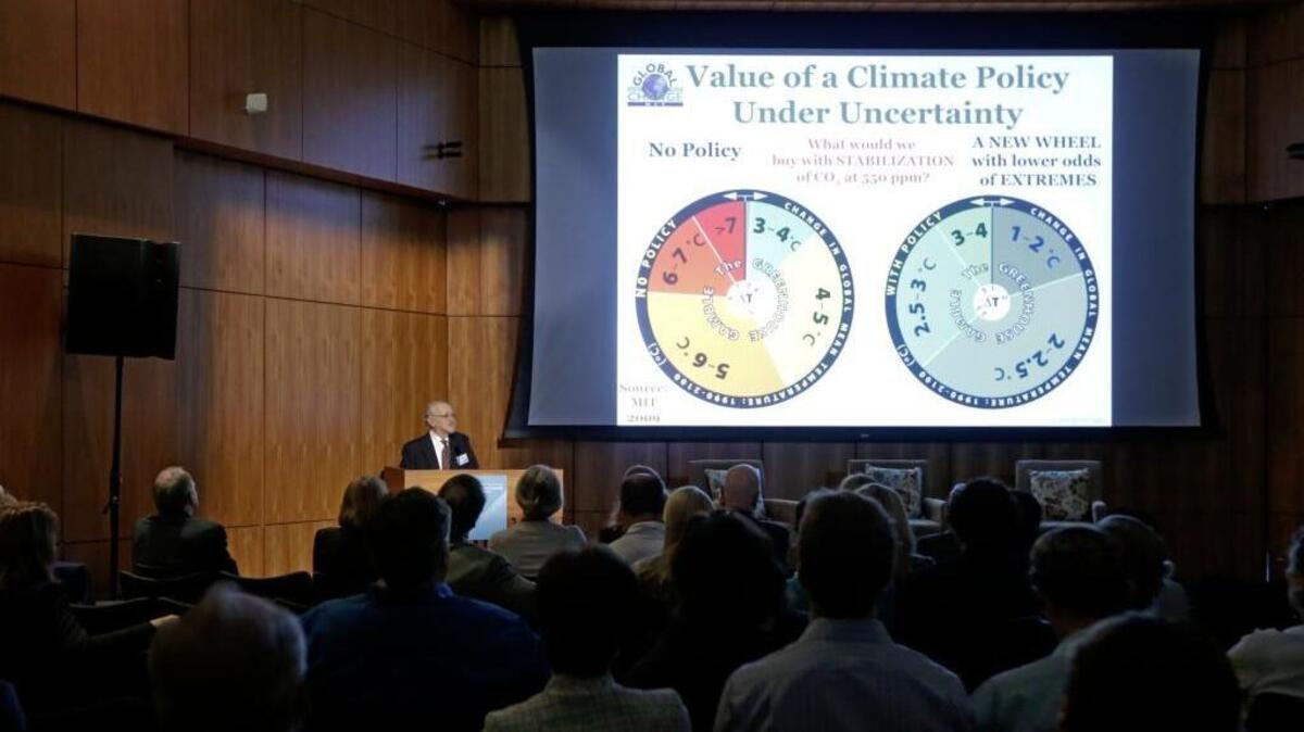 Nobel laureate Mario Molina speaks at Carbon Neutrality Initiative on the campus of the University of California, San Diego. At the two-day climate change summit at UC San Diego, researchers are discussing their blueprint for concrete action that the state and the world should take to tackle the problem.