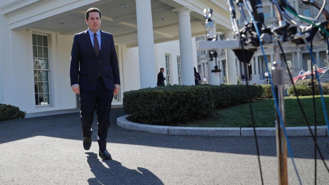 House Intelligence Committee Chairman Rep. Devin Nunes, R-Calif., walks out of the White House in Washington last Wednesday to speak with reporters after a meeting with President Donald Trump.