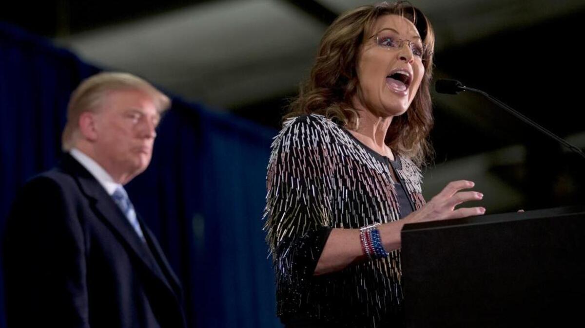 Former Alaska Gov. Sarah Palin endorses Republican presidential candidate Donald Trump during a rally at the Iowa State University on Tuesday.