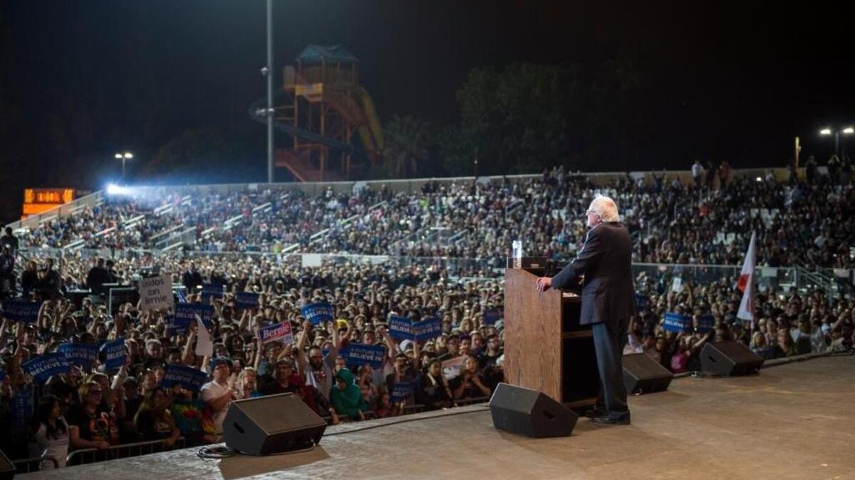 Bernie Sanders speaks to his supporters during a rally at Bonney Field in Sacramento on May 9.