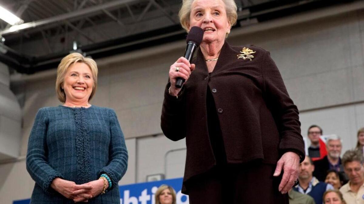 Former Secretary of State Madeleine Albright introduces Democratic presidential candidate Hillary Clinton at a campaign event at Rundlett Middle School in Concord, N.H., on Saturday. “There’s a special place in hell for women who don’t help each other,” Albright said.