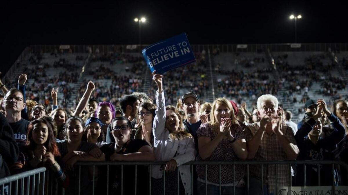 Democratic presidential candidate Bernie Sanders speaks to his supporters during a rally at Bonney Field on May 9 in Sacramento.