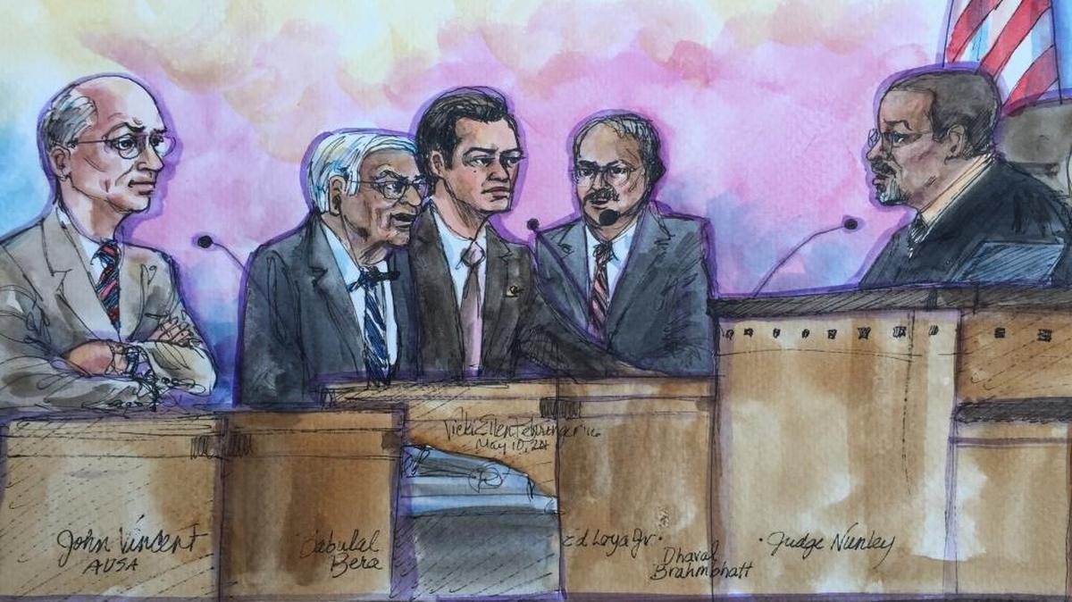 Babulal Bera, 83, second from left, the father of Rep. Ami Bera, D-Elk Grove, pleaded guilty Tuesday, May 10, 2016, in Sacramento federal court to two felony counts of election fraud involving the finances of his son’s campaign committee. From left, John Vincent, chief of the criminal division of the U.S. attorney’s office; Babulal Bera; interpreter Ed Loya Jr.; Dhaval Brahmbhatt; and U.S. District Judge Troy L. Nunley. Bera admitted in a plea agreement to Nunley that during his son’s 2010 and 2012 campaigns for Congress, he recruited friends, family members and acquaintances to make contributions to the committee and reimbursed them with his own money.