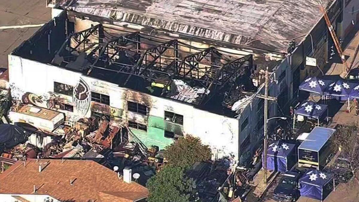 This image from video provided by KGO-TV shows the Ghost Ship warehouse after a fire swept through the Oakland building. There are 36 confirmed deaths from the blaze.