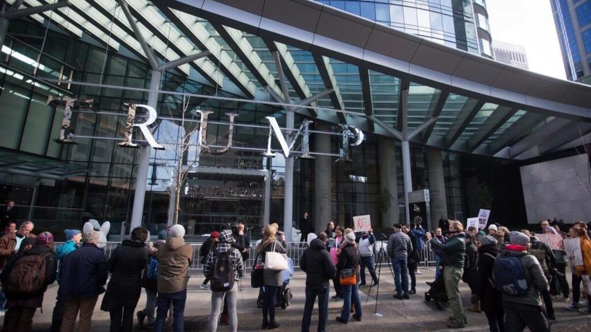 Protesters gather outside the Feb. 28 opening of the Trump International Hotel and Tower in Vancouver, Canada, which the president’s sons Donald Trump Jr. and Eric Trump attended. A letter writer asks why taxpayers should foot their security bill.