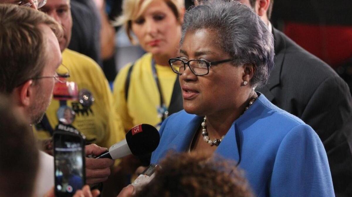 Donna Brazile, vice chair of the Democratic National Committee, answers questions on the floor at the Democratic National Convention in July. She is no longer CNN contributor after leaking questions from a Democratic candidate forum to Hillary Clinton’s campaign.