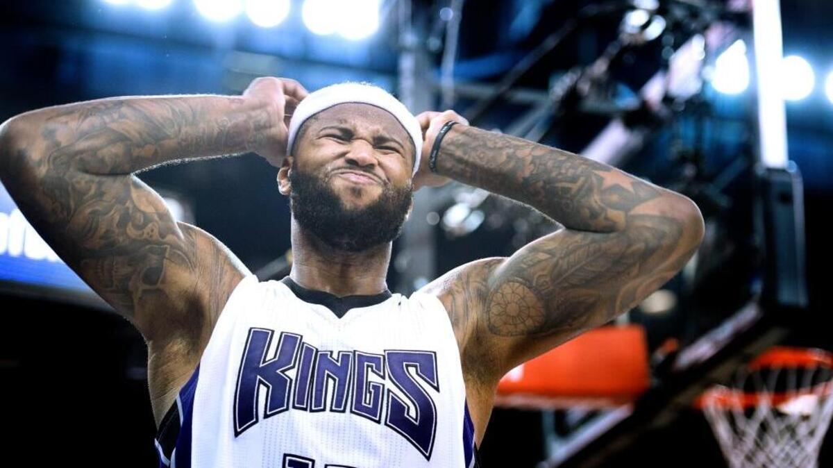 Kings center DeMarcus Cousins reacts to a call against Cleveland last week. In that game, he apparently was yelling at coach George Karl and the team suspended him for one game.