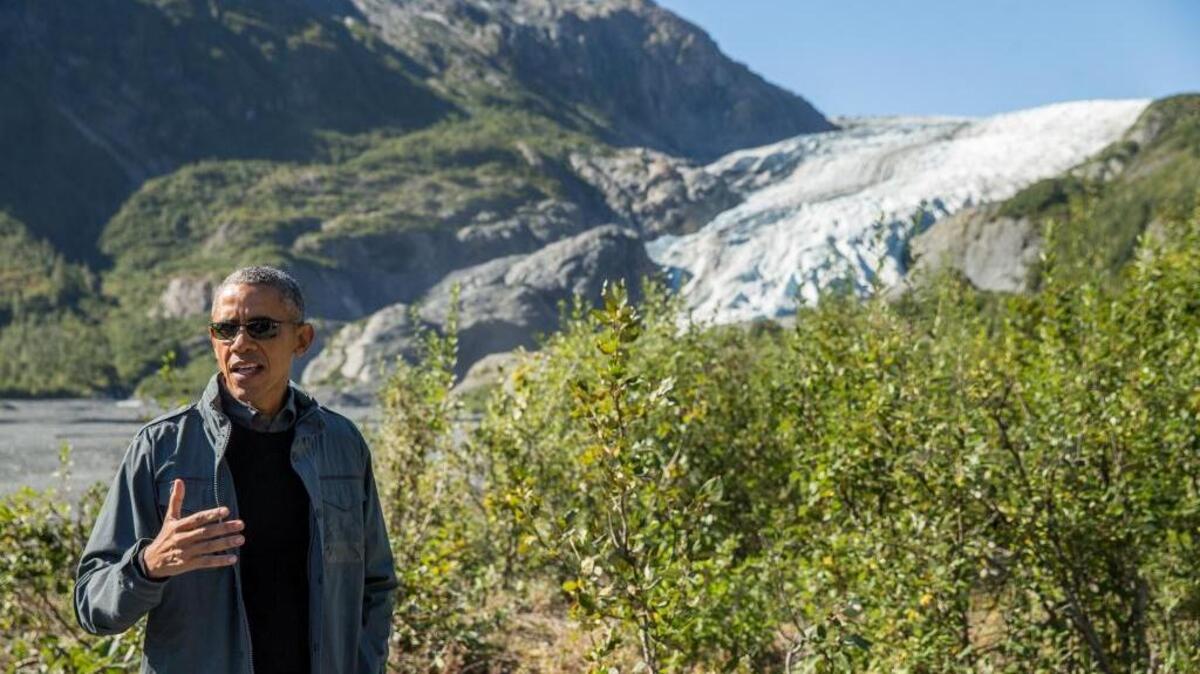 
President Barack Obama hiked to the Exit Glacier in Seward, Alaska, on Tuesday.  Obama’s three-day trip to Alaska aimed to show solidarity with a state often overlooked by Washington, while using its glorious but changing landscape as an urgent call to action on climate change. 
