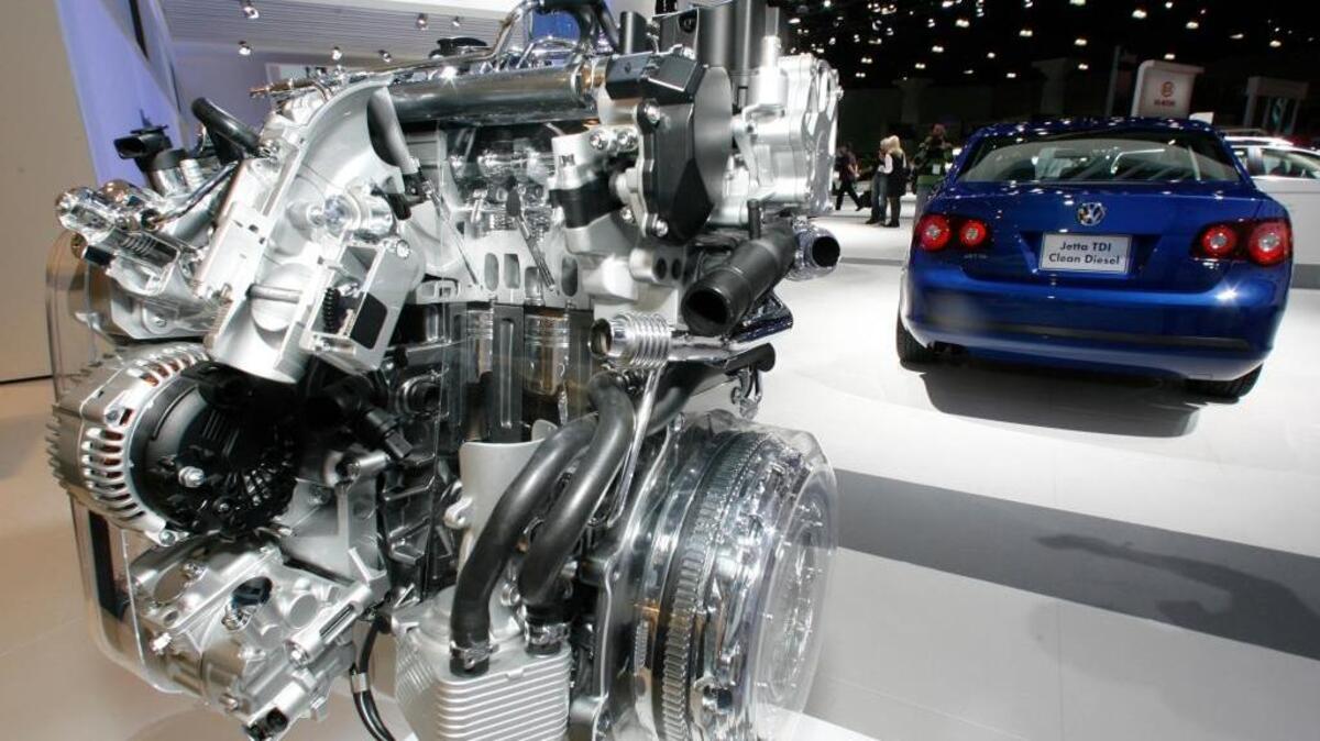 
A Volkswagen Jetta TDI diesel engine is displayed at the Los Angeles Auto Show in 2008. Green Car Journal named Volkswagen’s 2009 Jetta TDI as the “Green Car of the Year” at the show, making it the first clean-diesel vehicle to win the prize. On Monday, about $16.9 billion was wiped off the market value of Volkswagen AG, following revelations that the German carmaker rigged U.S. emissions tests for about 500,000 diesel cars.
