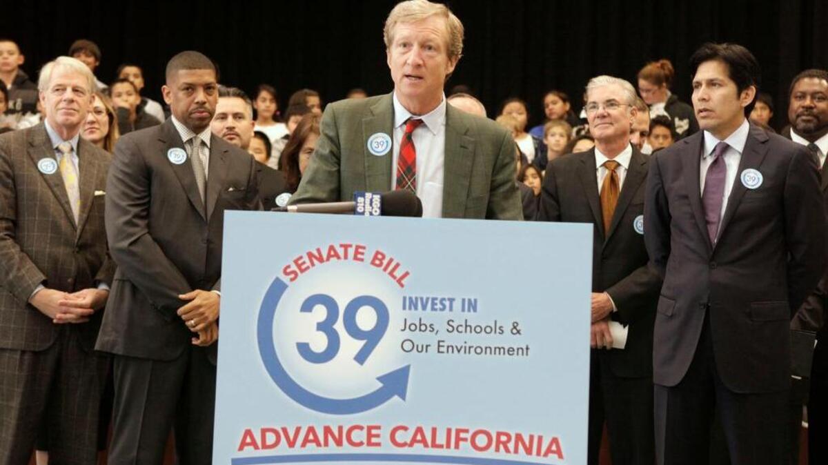 
Tom Steyer, the chief financier behind the Proposition 39 campaign, discusses a bill to fund energy efficiency projects at schools in California’s poorest communities, during a 2012 news conference at Mark Twain Elementary School in Sacramento.
