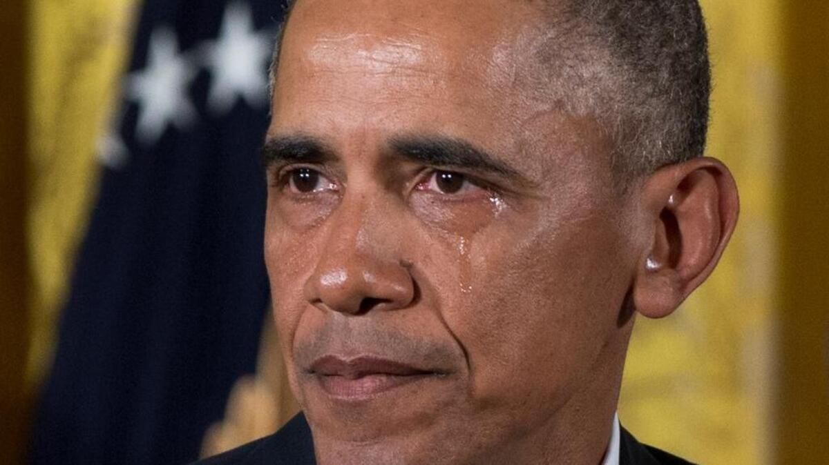 A tear rolls down President Barack Obama’s face Wednesday as he speaks about steps his administration is taking to reduce gun violence.