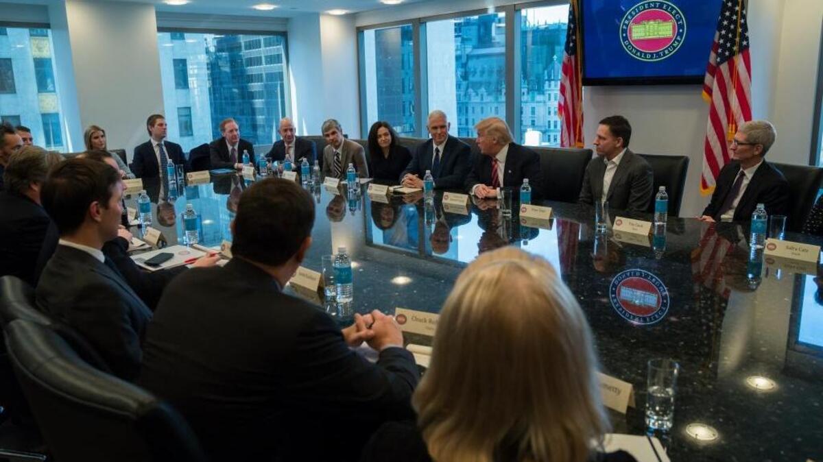 President-elect Donald Trump, Vice President-elect Mike Pence, Cabinet nominees and technology company chiefs meet in a conference room at Trump Tower in New York on Wednesday.
