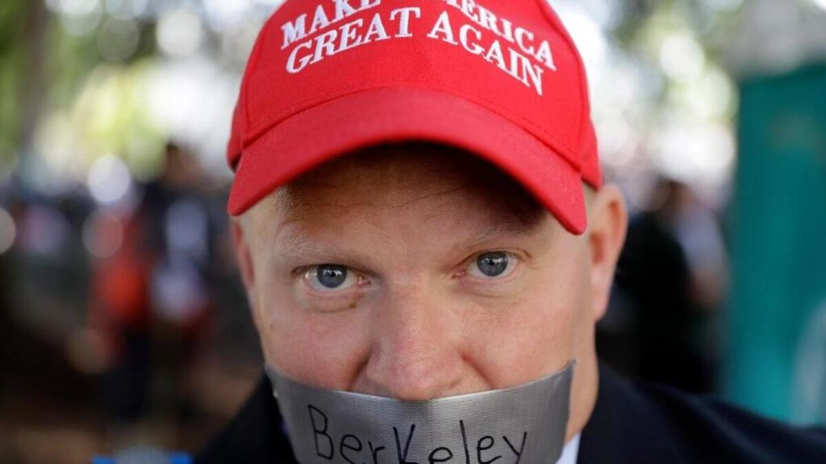 Daryl Tempesta protests Thursday in Berkeley to support Ann Coulter, who canceled a speech at UC Berkeley.