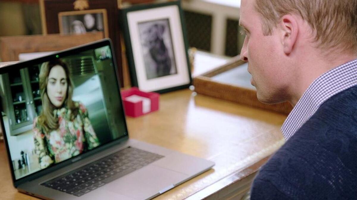An image taken from a recent video shows Prince William speaking to Lady Gaga via FaceTime in an effort to reduce the stigma about mental health treatment.
