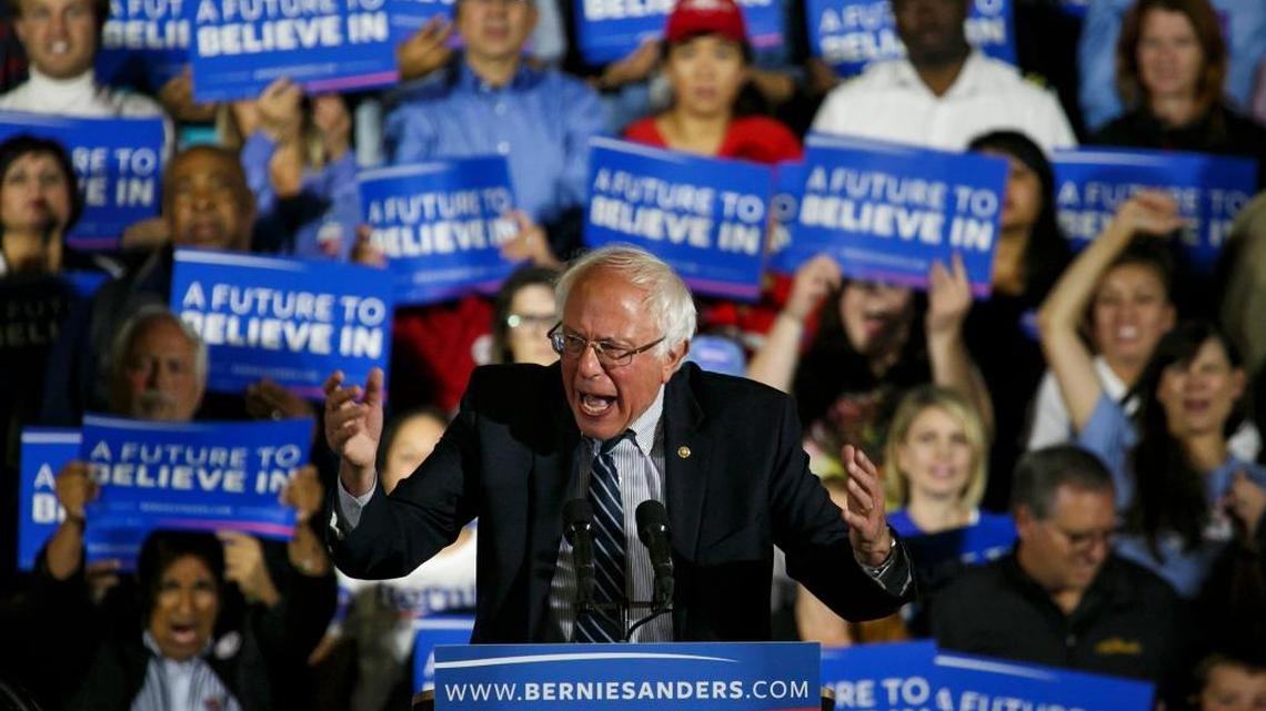 After his loss in the California Democratic presidential primary, Sen. Bernie Sanders addresses supporters Tuesday in Santa Monica.