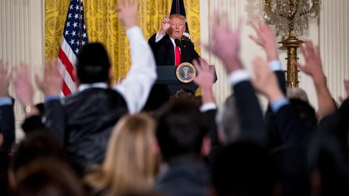 President Donald Trump calls on members of the press during his combative news conference Thursday.