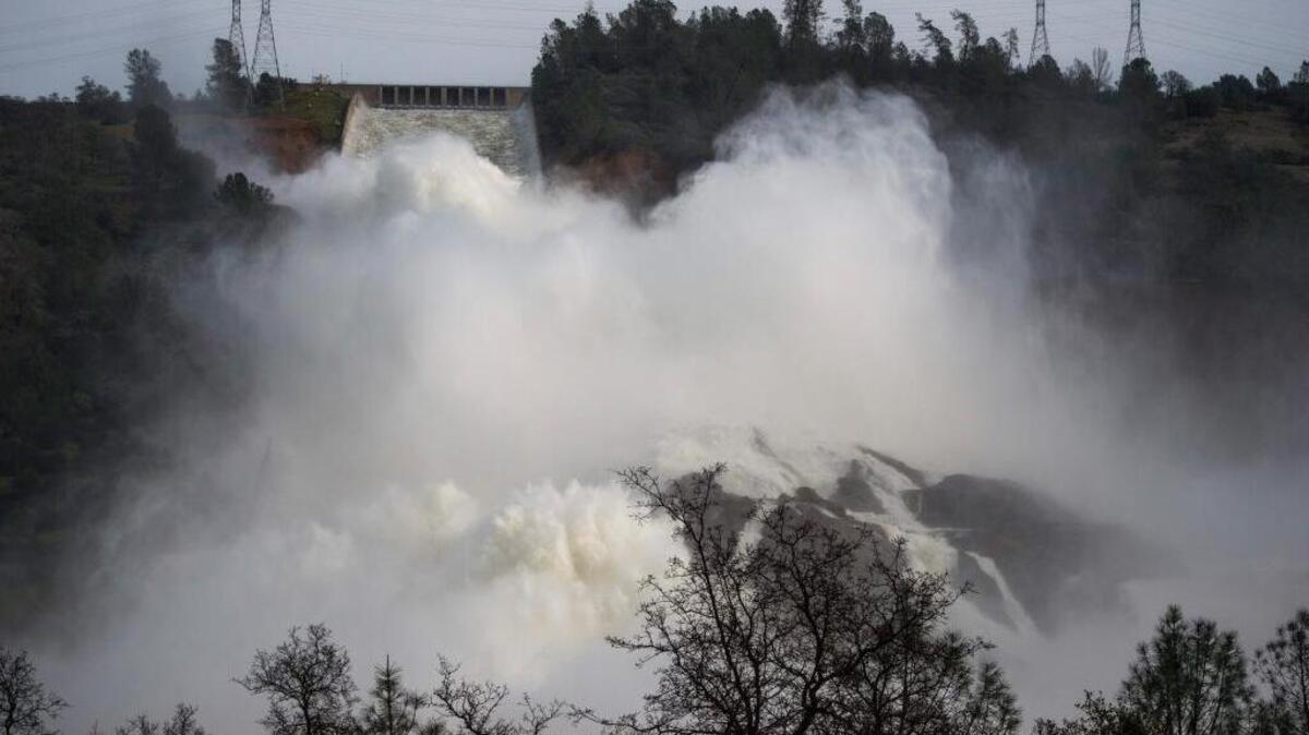 Water is released down the main spillway from Oroville Dam on Monday, February 13, 2017.