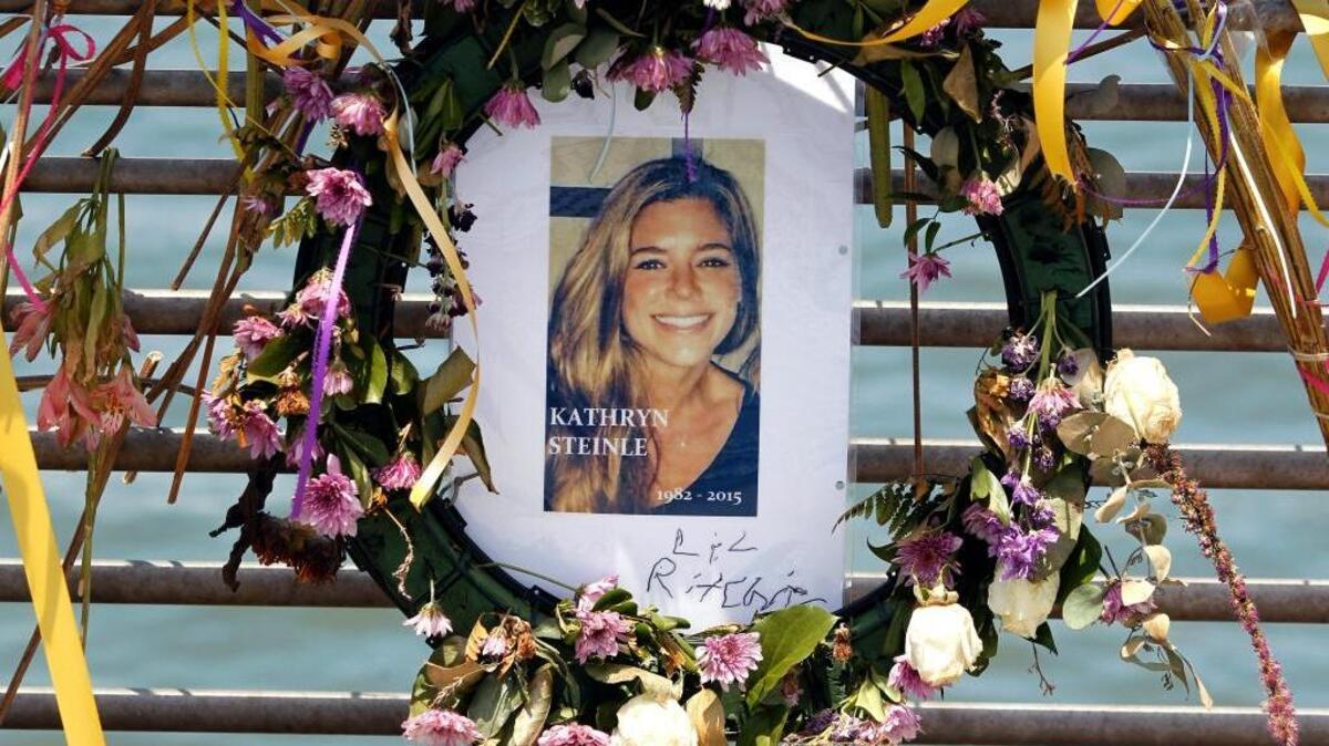 A portrait of Kate Steinle displayed in 2015 at a memorial site on Pier 14 in San Francisco. The man charged with her murder is Jose Ines Garcia Zarate.