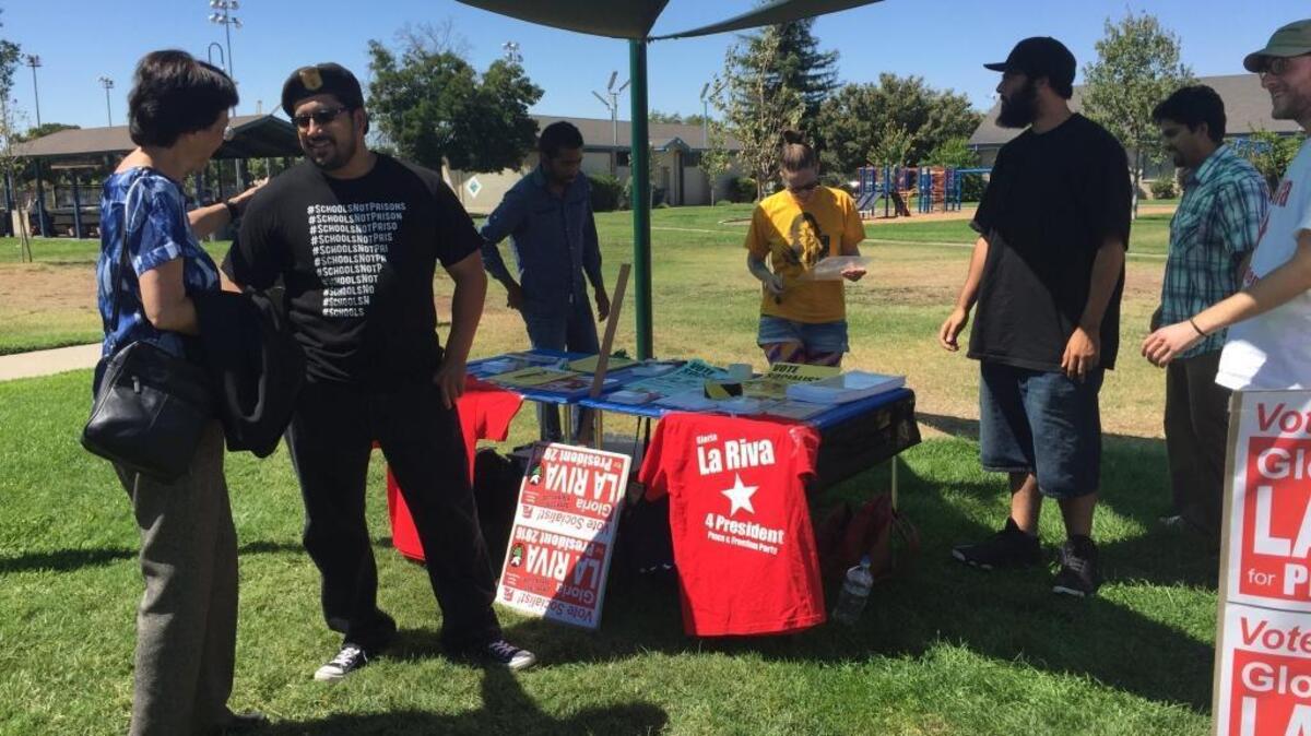 Peace and freedom presidential candidate Gloria La Riva campaigns in Merced in September.