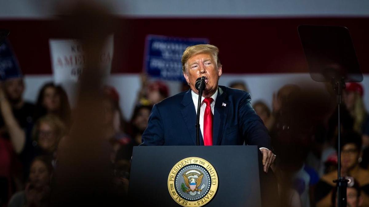 President Donald Trump speaks at a rally at a high school outside Columbus, Ohio, Aug. 4, 2018. Both Troy Balderson, a Republican state senator campaigning in a special election for a U.S. House seat, and Rep. Jim Jordan (R-Ohio), the founder of the far-right House Freedom Caucus, appeared alongside Trump here. (Al Drago/The New York Times)