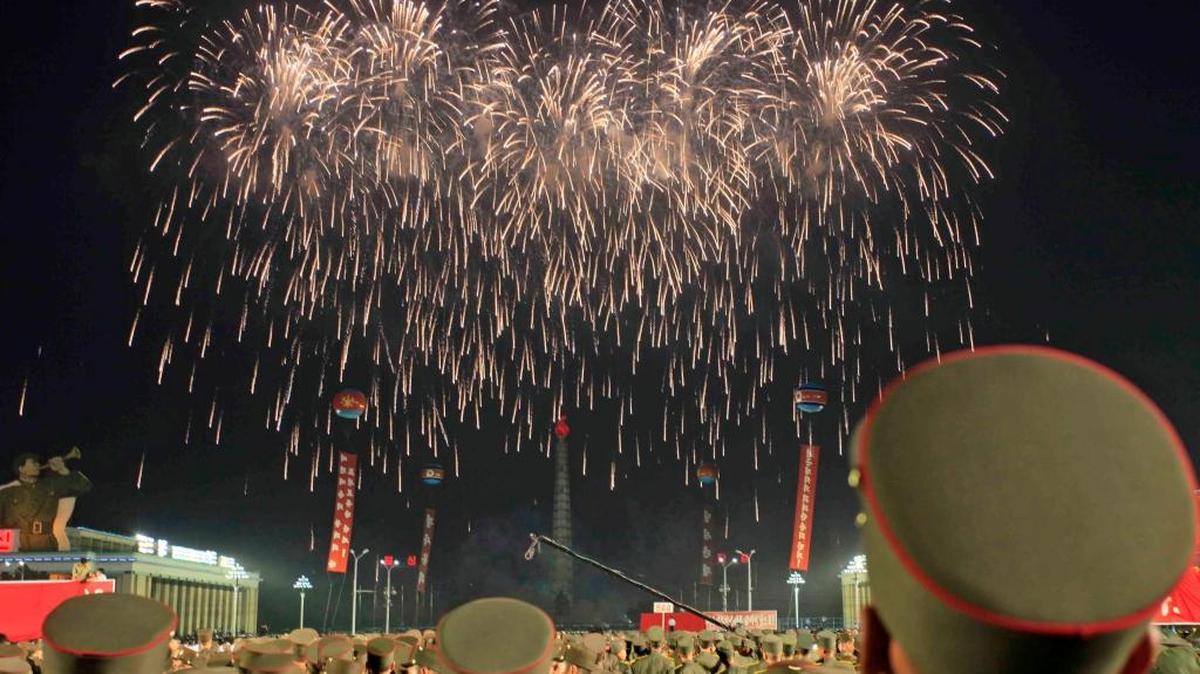 North Korean soldiers watch fireworks in Pyongyang on Thursday to celebrate the test launch of North Korea’s first intercontinental ballistic missile on July 4.