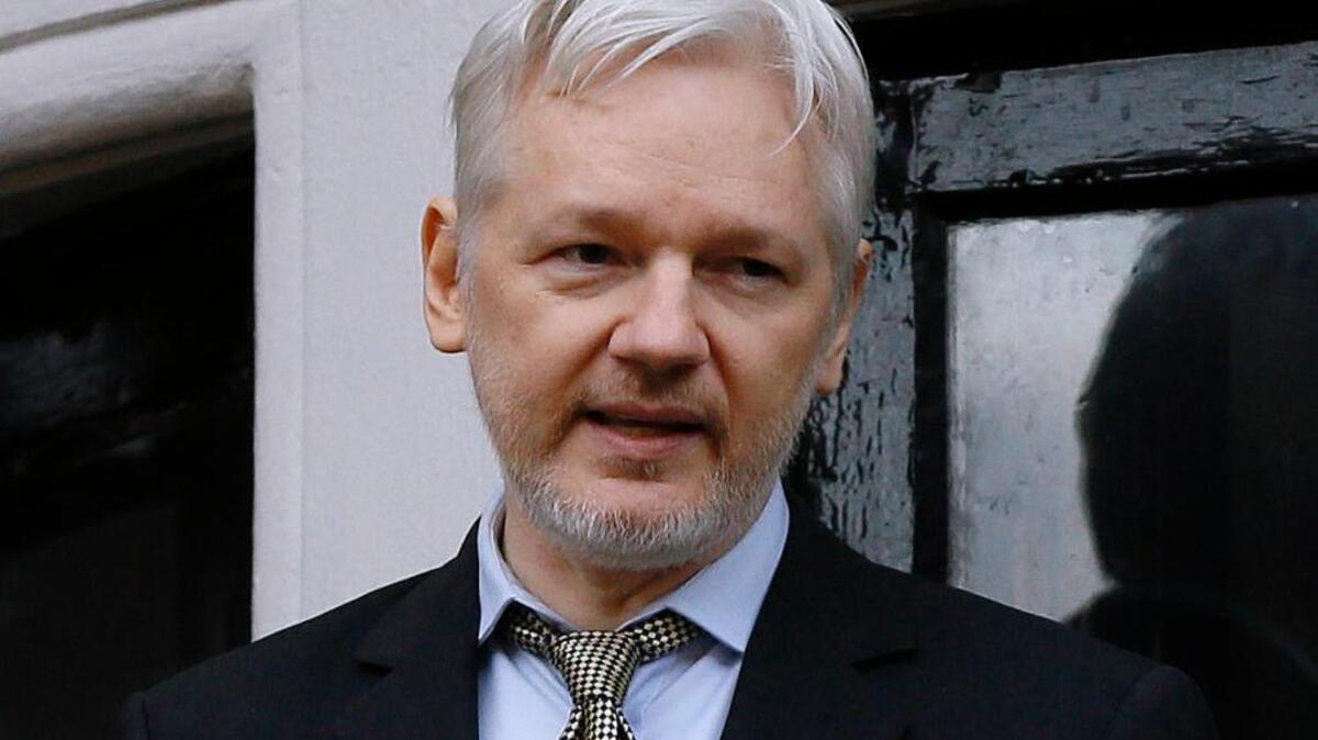 WikiLeaks founder Julian Assange speaks at the Ecuadorean embassy in London in February.