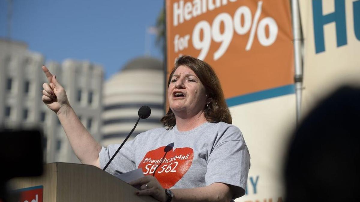 Co-author of SB 562 Toni Atkins (D) San Diego, speaks during a rally supporting Senate Bill 562 (SB 562) on the west steps of the state Capitol in Sacramento on Friday, May 19, 2017. SB 562 would create a universal single-payer health care system in California.