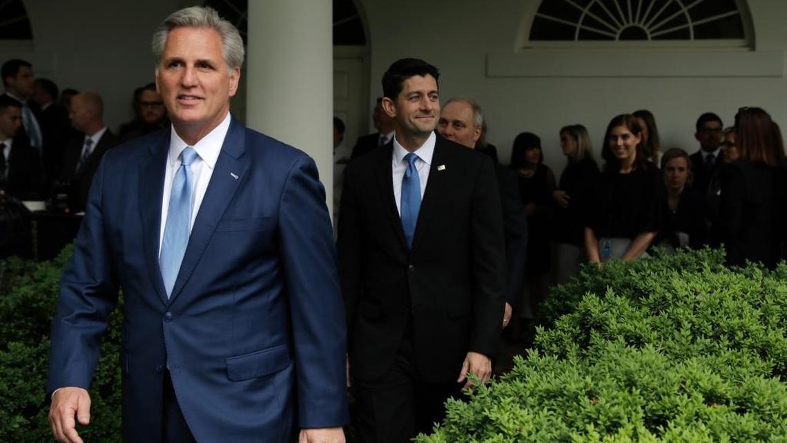 House Majority Leader Kevin McCarthy, R-Bakersfield, and House Speaker Paul Ryan lead House Republicans to the Rose Garden in May to celebrate the House passage of an Obamacare repeal bill. McCarthy was among 14 California representatives who helped deliver the highly unpopular measure to the Senate, where Trump partisans hope to push it through. (AP Photo/Evan Vucci)