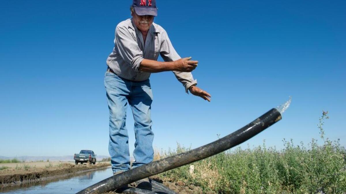 A worker dropped water into an alfalfa field outside Firebaugh in 2011.