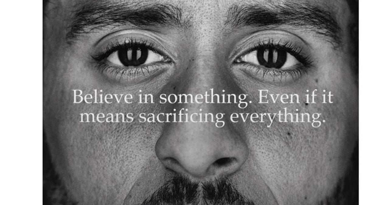 This image taken from the Twitter account of the former National Football League player Colin Kaepernick shows a Nike advertisement featuring him as one of the faces of the 30th anniversary “Just Do It” campaign.