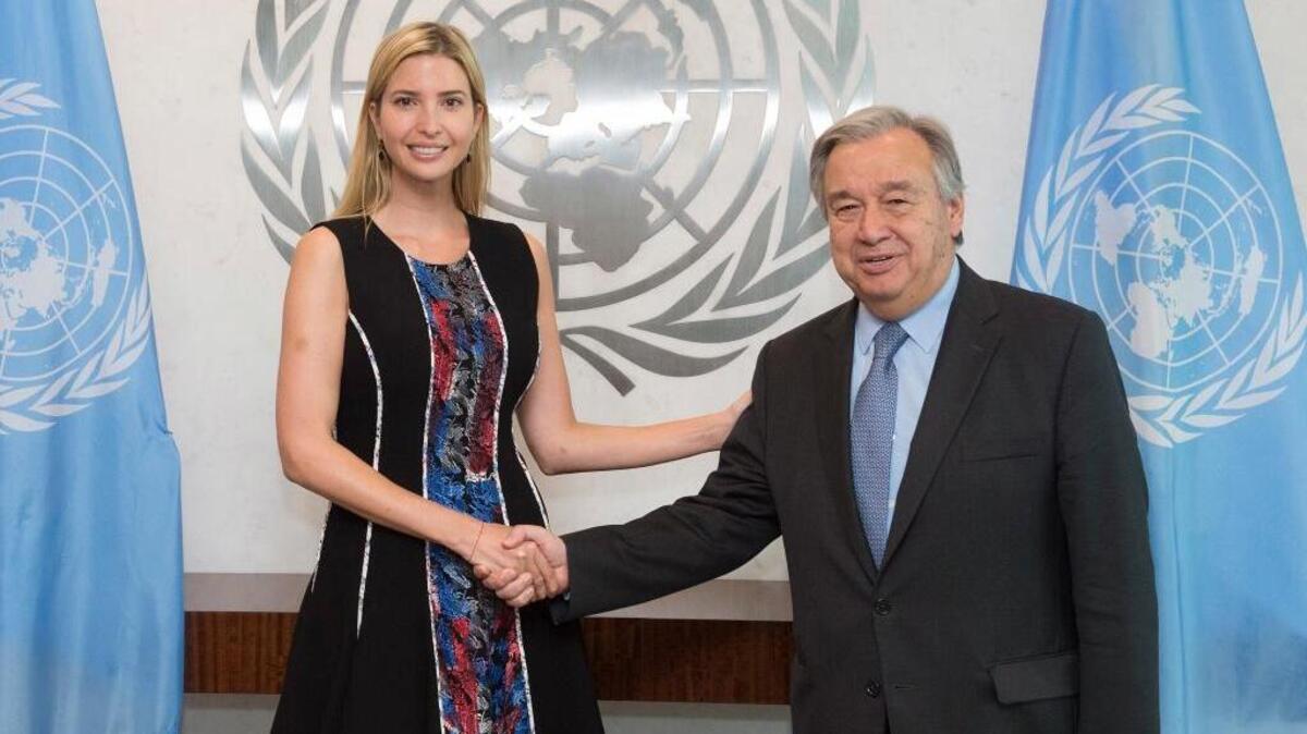 Ivanka Trump poses for a photo with U.N. Secretary General Antonio Guterres at United Nations headquarters on Friday.
