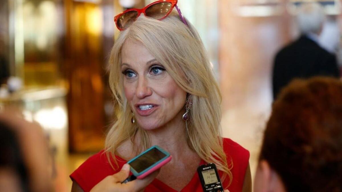 Kellyanne Conway, new campaign manager for Republican presidential candidate Donald Trump, speaks to reporters in the lobby of Trump Tower in New York on Wednesday.