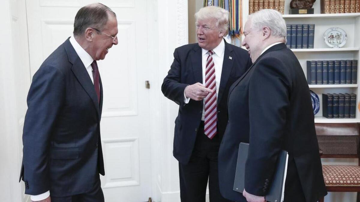 President Donald Trump shared intelligence on the Islamic State with Russia’s Foreign Minister Sergei Lavrov, left, and Russian Ambassador to the United States Sergei Kislyak during a meeting in the Oval Office on May 10.